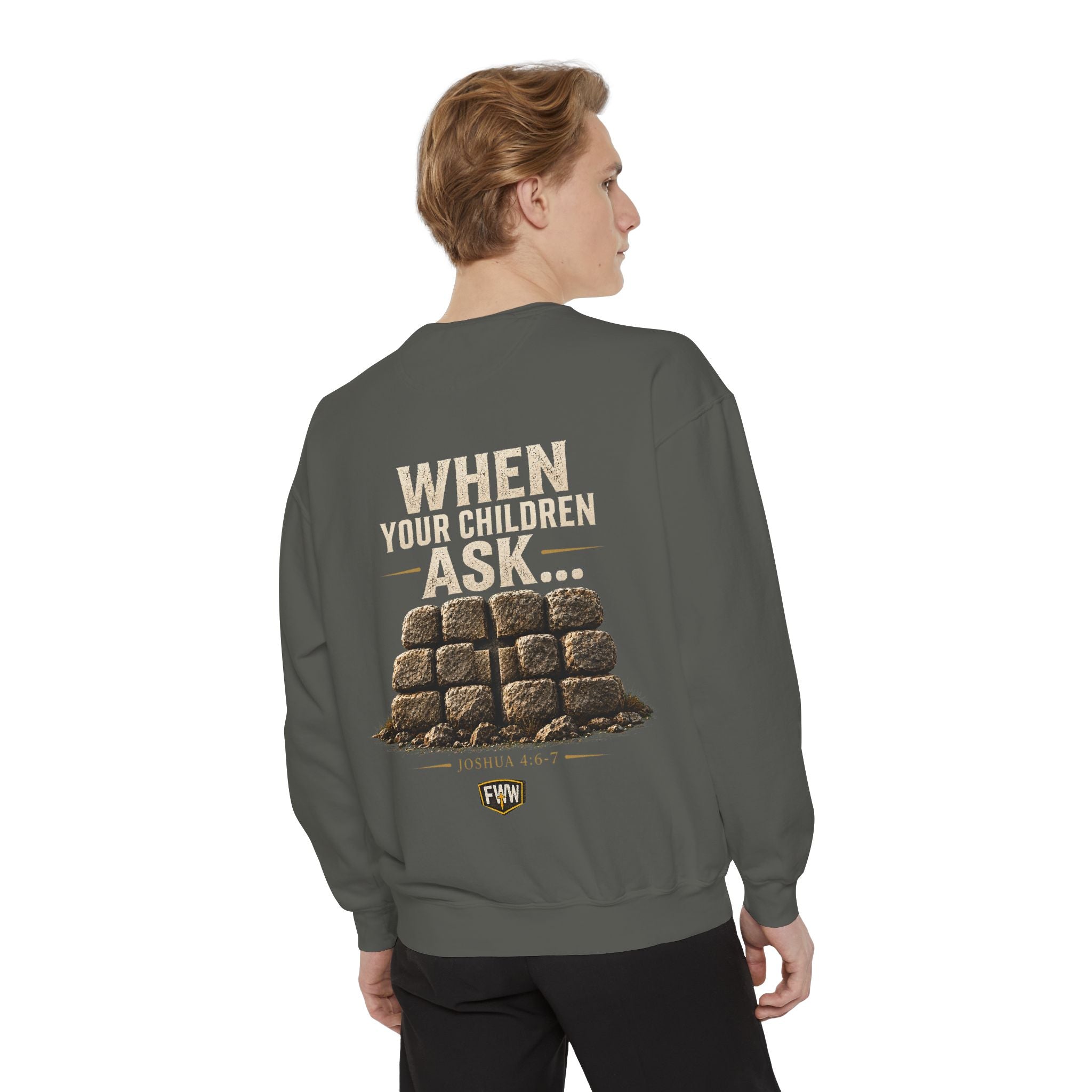 When Your Children Ask | Joshua 4:6–7 Christian Crewneck Sweatshirt | Faith Without Works