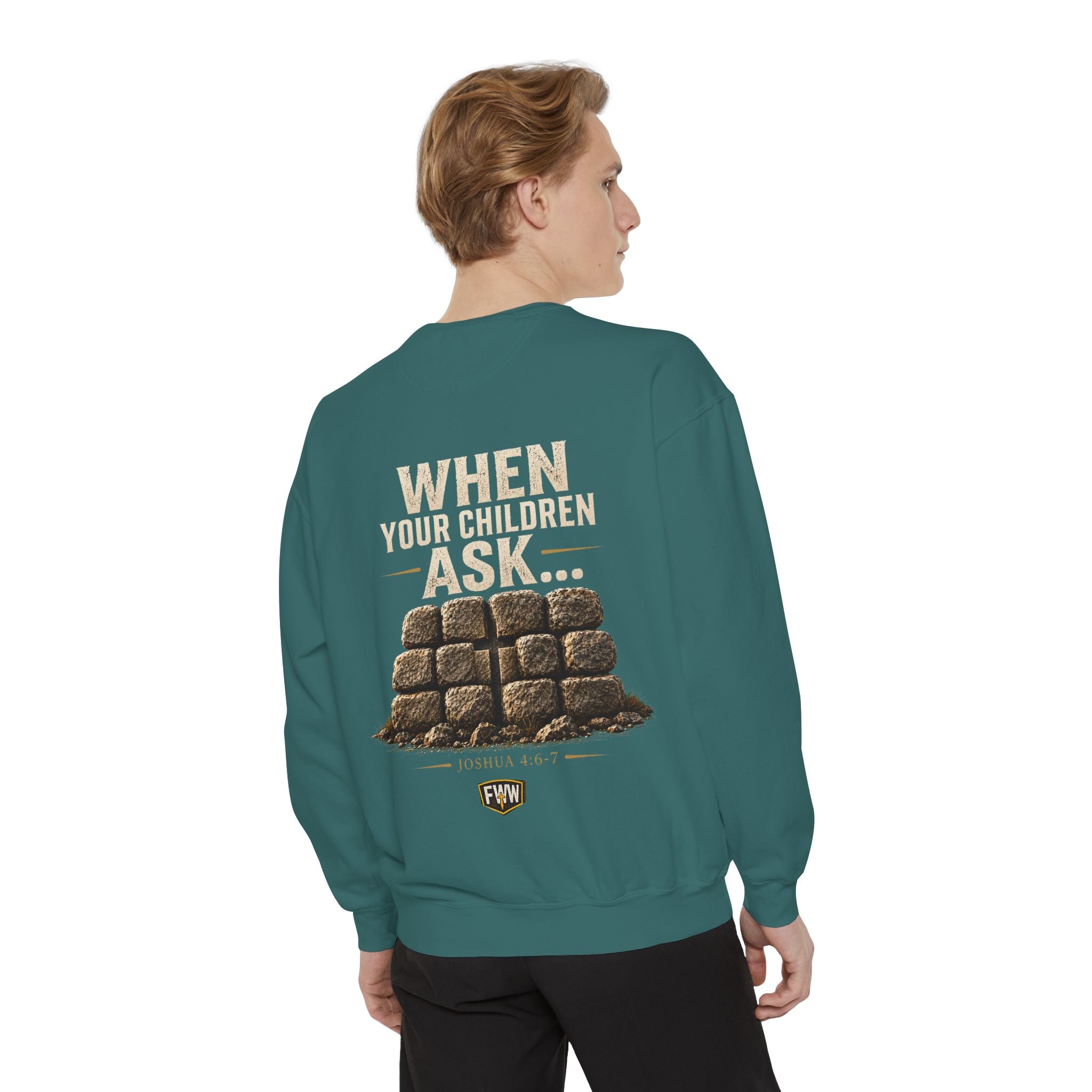 When Your Children Ask | Joshua 4:6–7 Christian Crewneck Sweatshirt | Faith Without Works