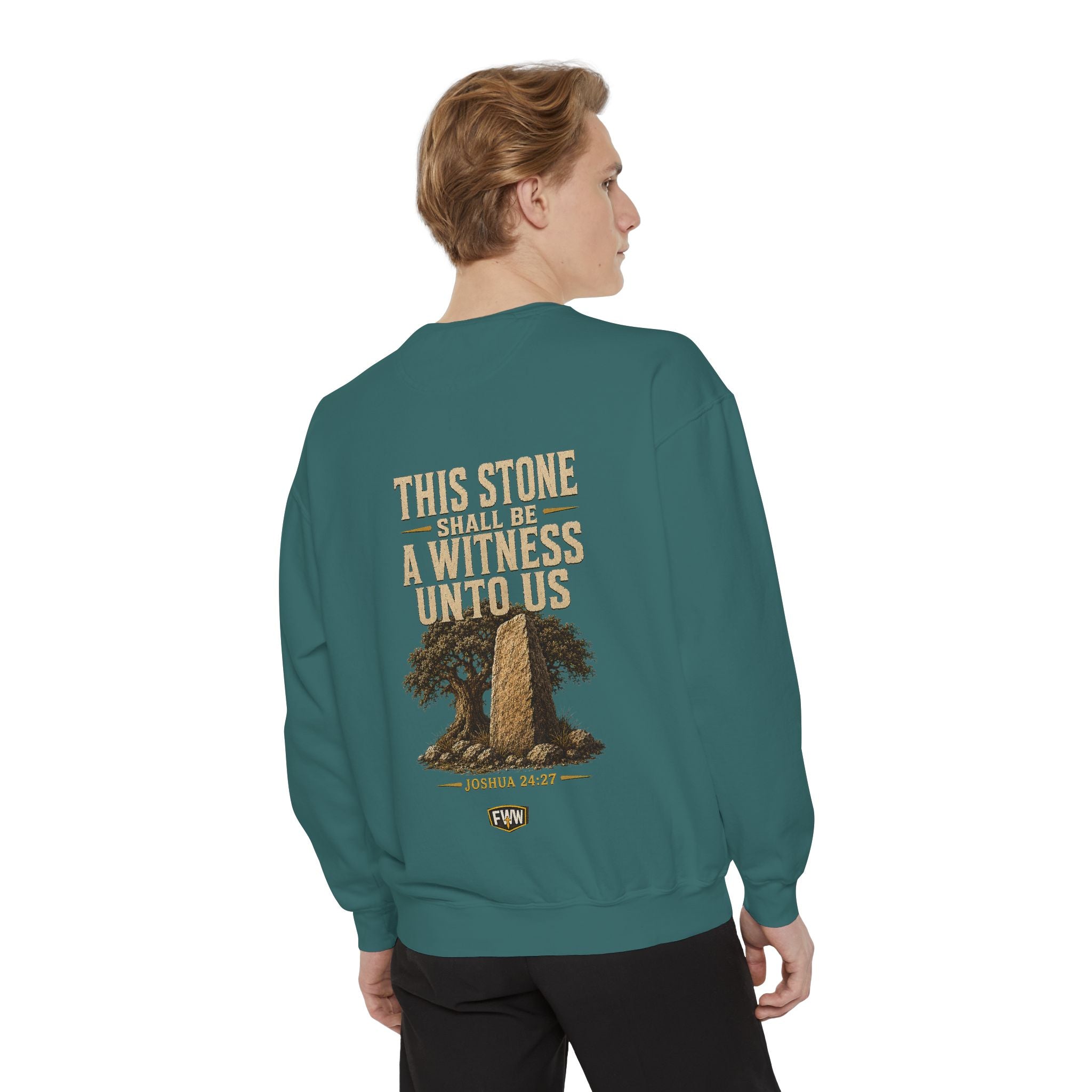 This Stone Shall Be a Witness | Joshua 24:27 Christian Crewneck Sweatshirt | Faith Without Works