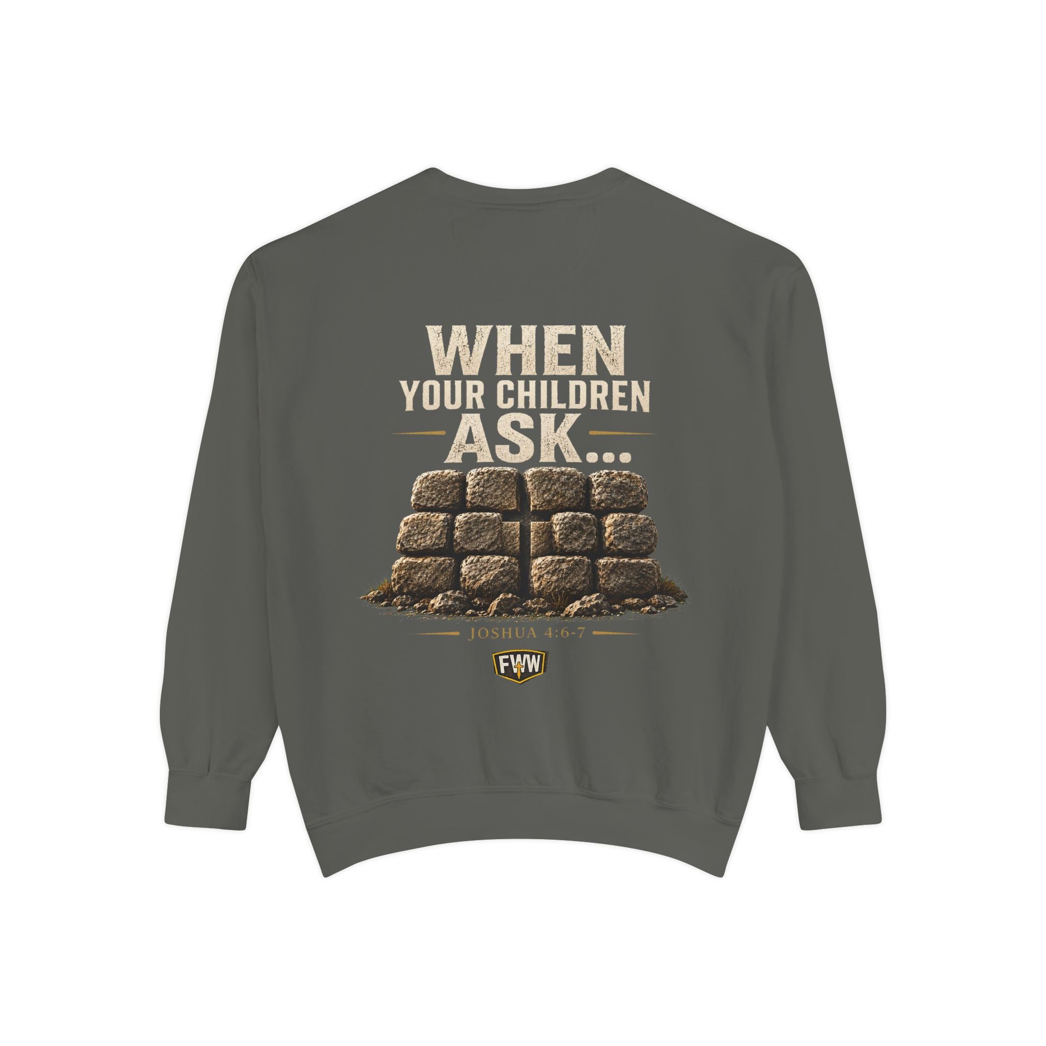 When Your Children Ask | Joshua 4:6–7 Christian Crewneck Sweatshirt | Faith Without Works