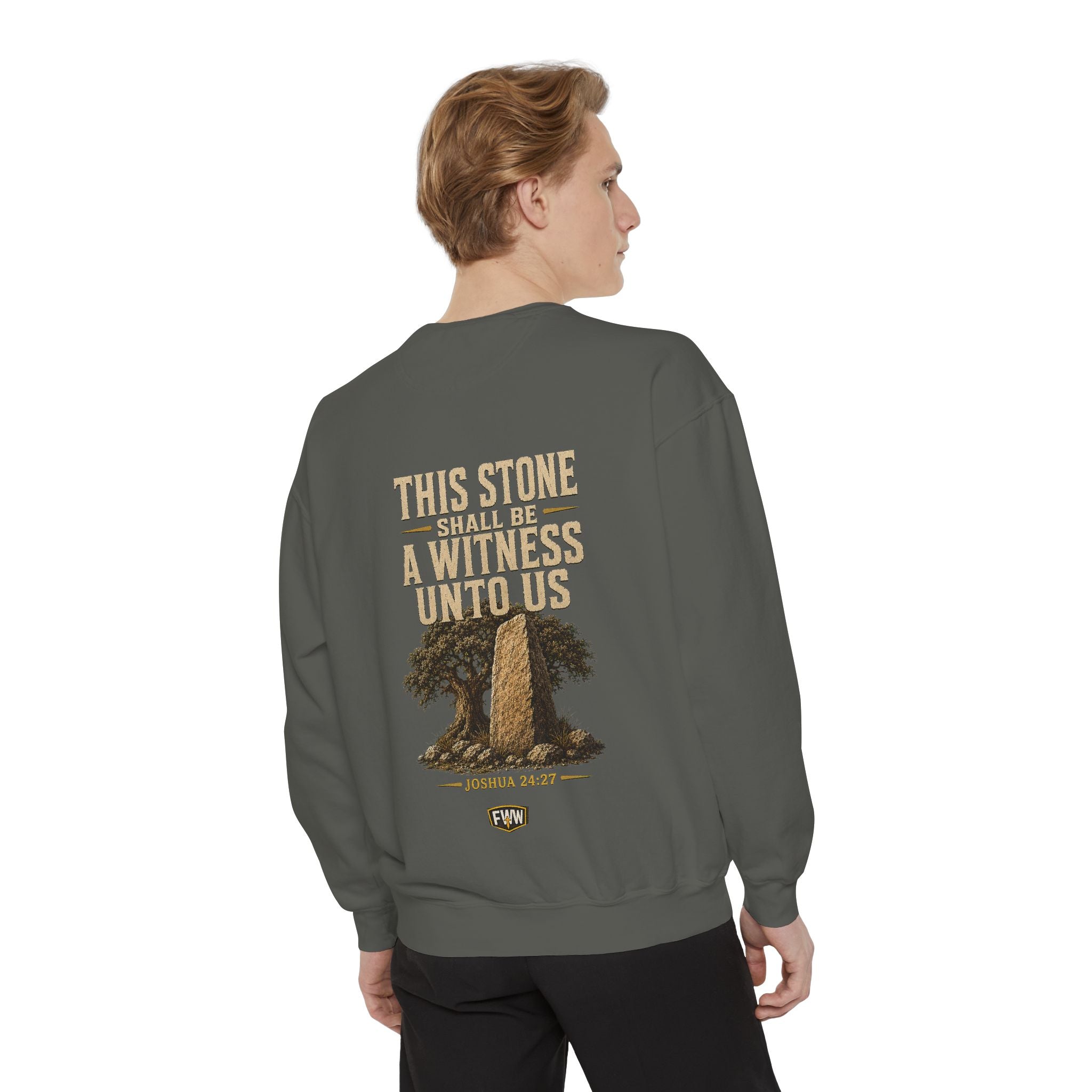 This Stone Shall Be a Witness | Joshua 24:27 Christian Crewneck Sweatshirt | Faith Without Works