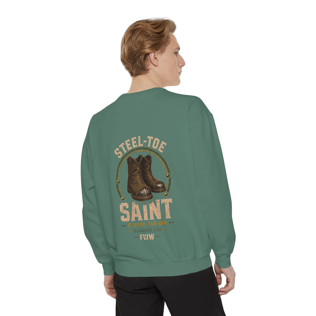 Steel-Toe Saint | Colossians 3:23 Christian Crewneck | Faith Without Works
