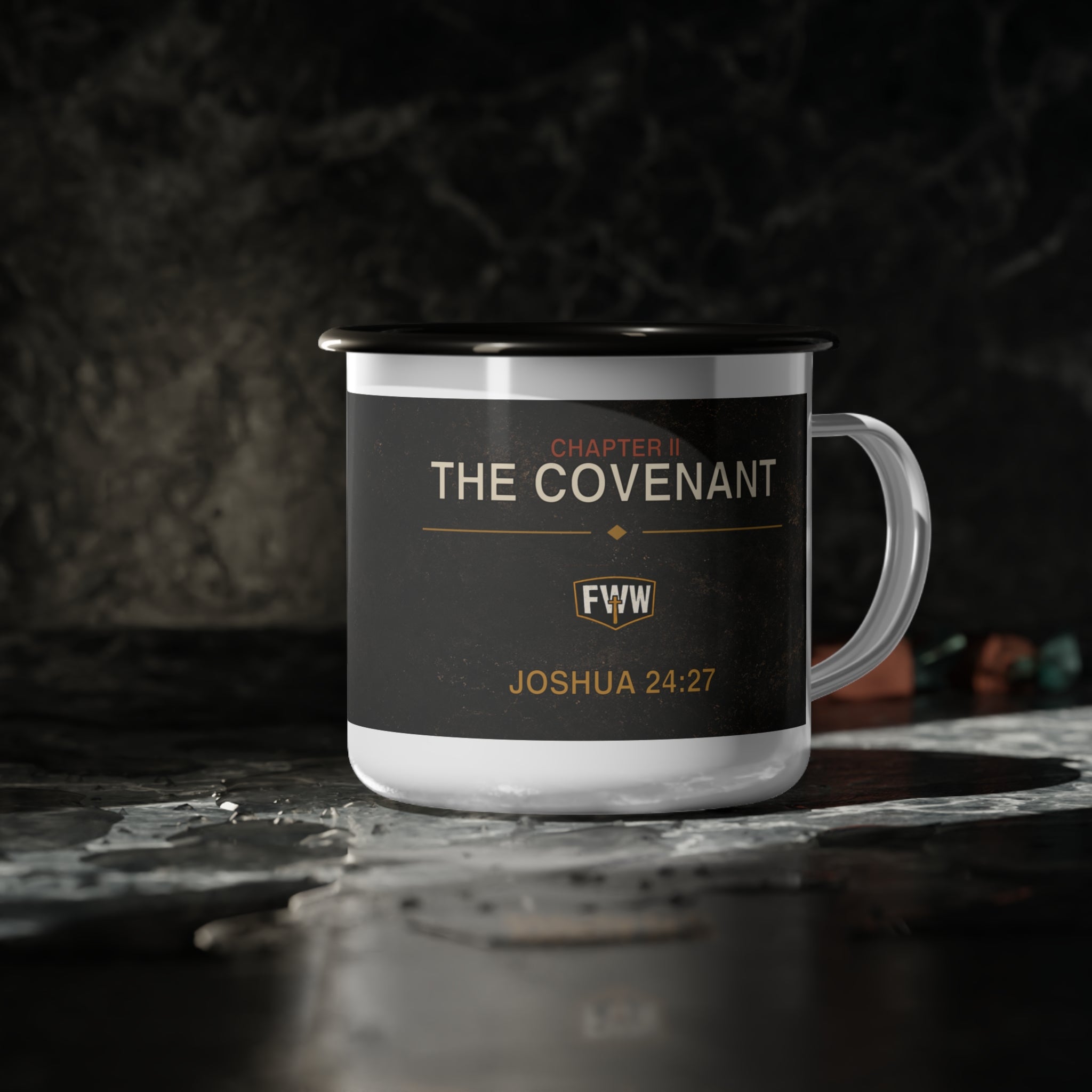 Faith Without Works | Chapter II “The Covenant” Enamel Camp Mug — Joshua 24:27