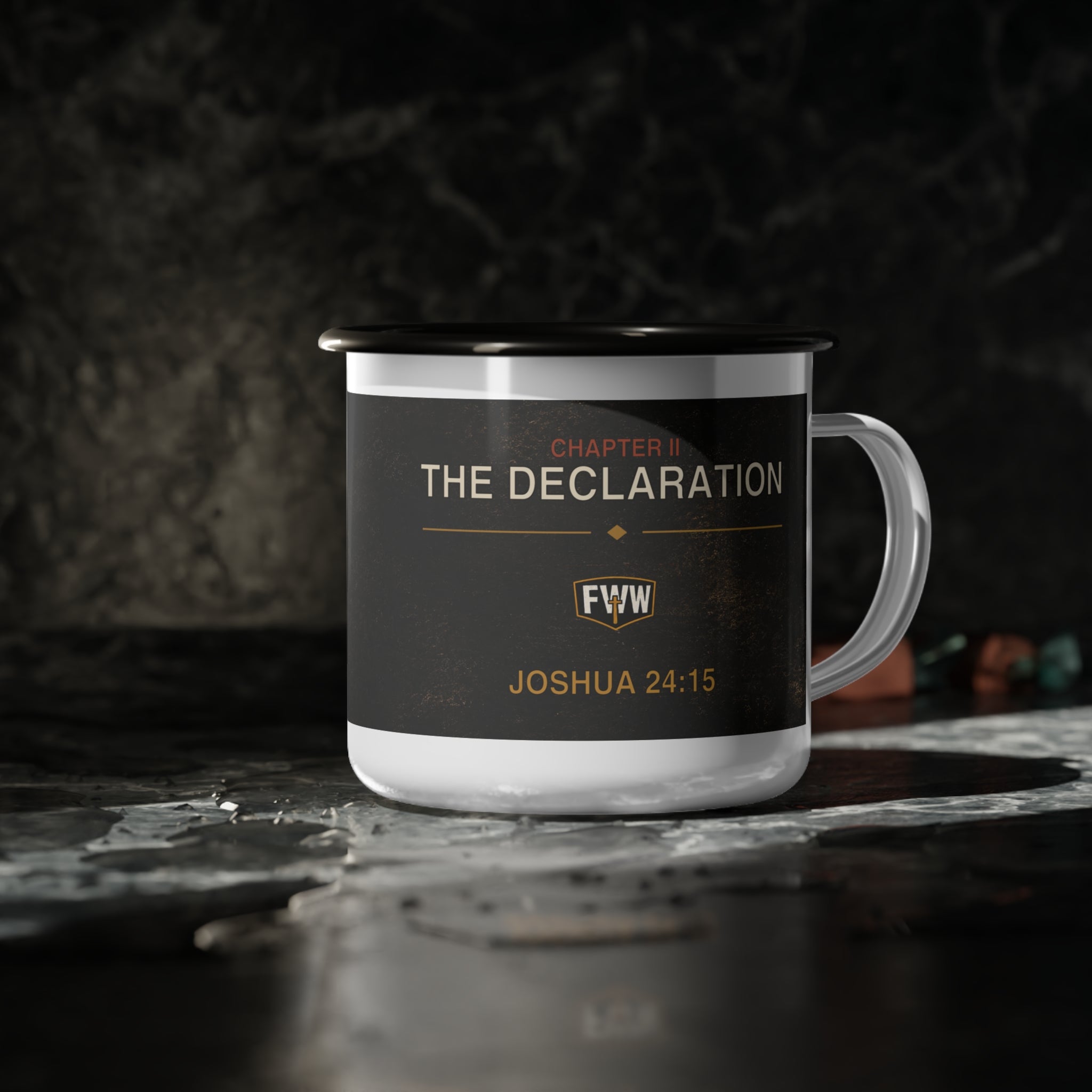 Faith Without Works | Chapter II “The Declaration” Enamel Camp Mug — Joshua 24:15