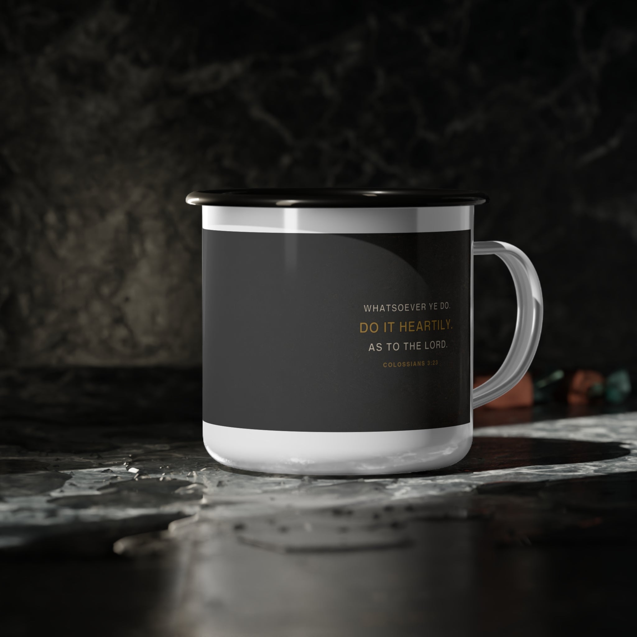 Faith at Work | Colossians 3:23 Christian Enamel Camp Mug | Faith Without Works