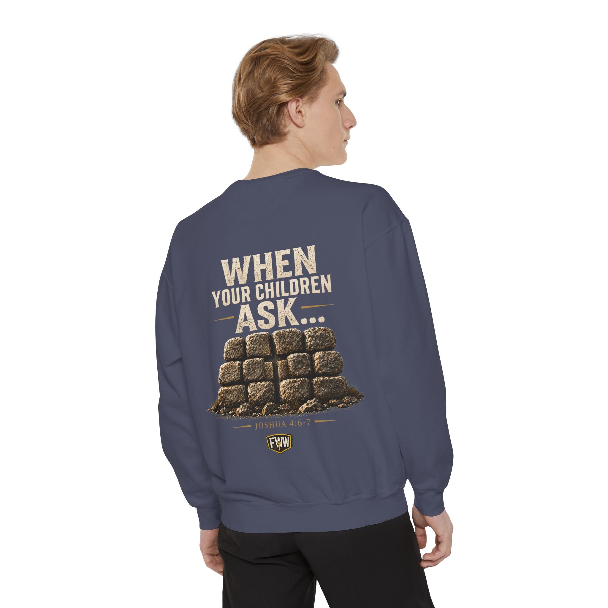 When Your Children Ask | Joshua 4:6–7 Christian Crewneck Sweatshirt | Faith Without Works