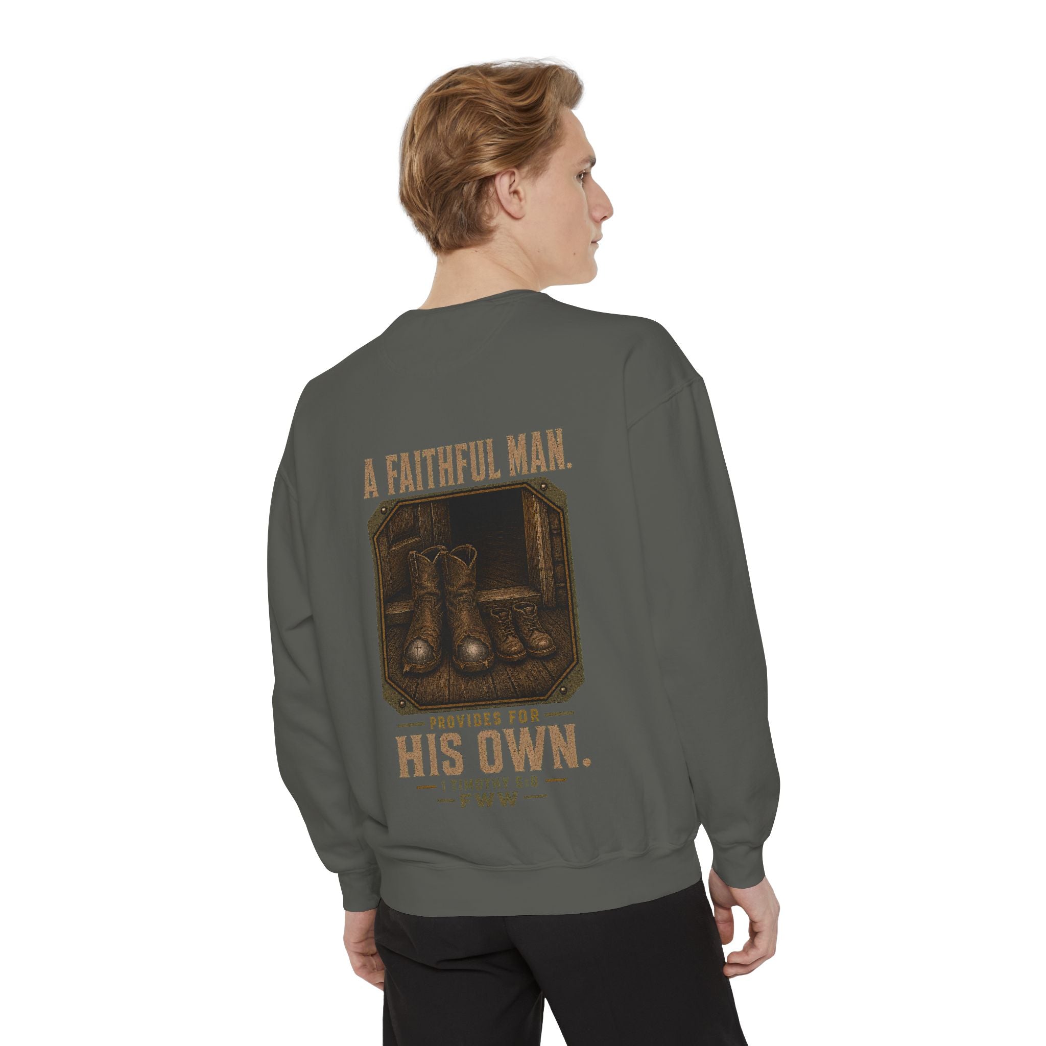 For His Own | 1 Timothy 5:8 Christian Crewneck | Faith Without Works