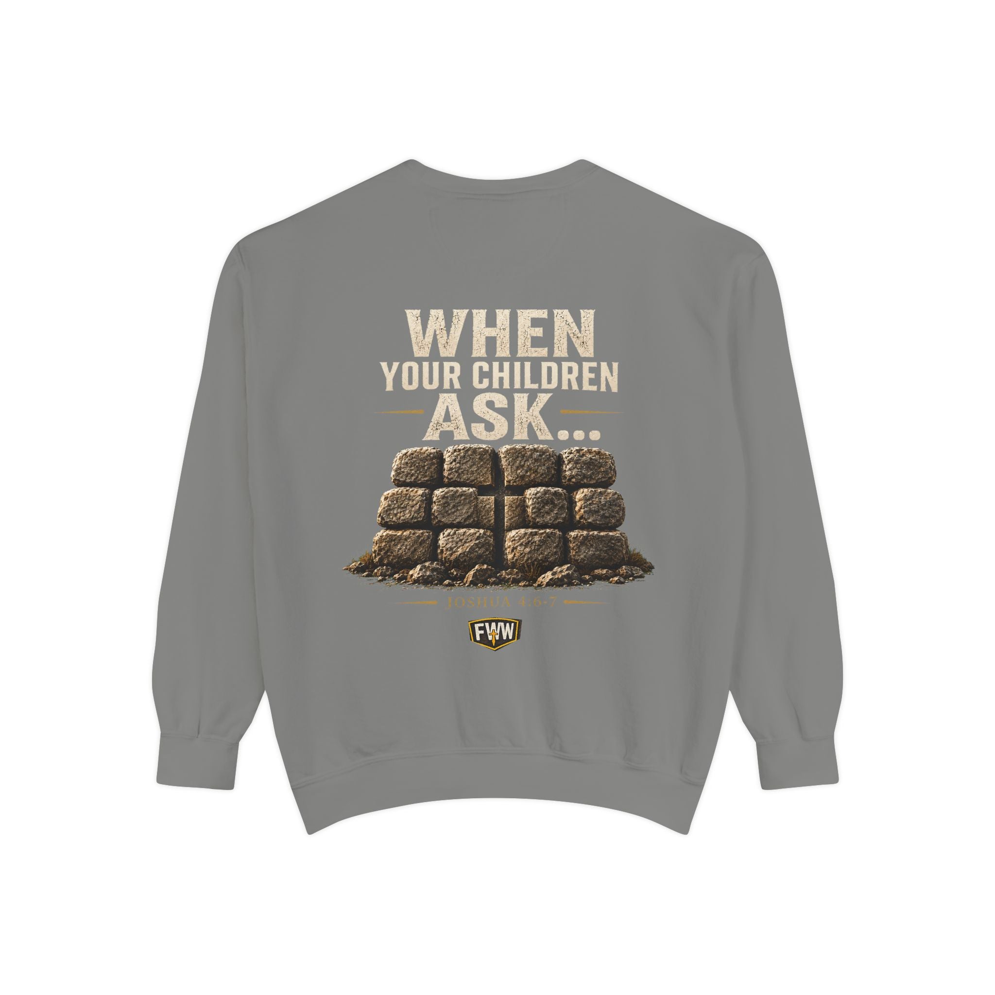 When Your Children Ask | Joshua 4:6–7 Christian Crewneck Sweatshirt | Faith Without Works