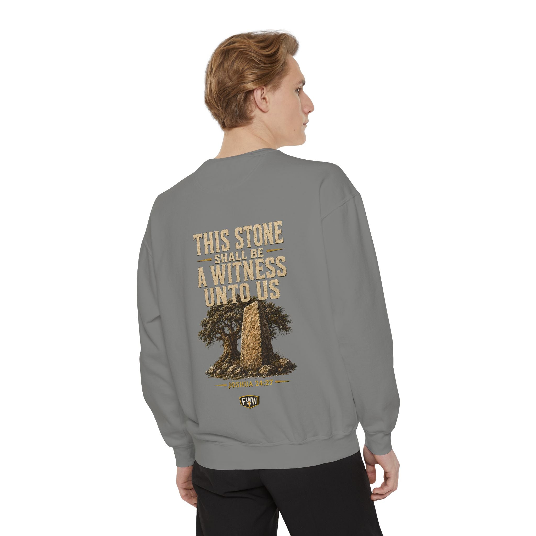 This Stone Shall Be a Witness | Joshua 24:27 Christian Crewneck Sweatshirt | Faith Without Works