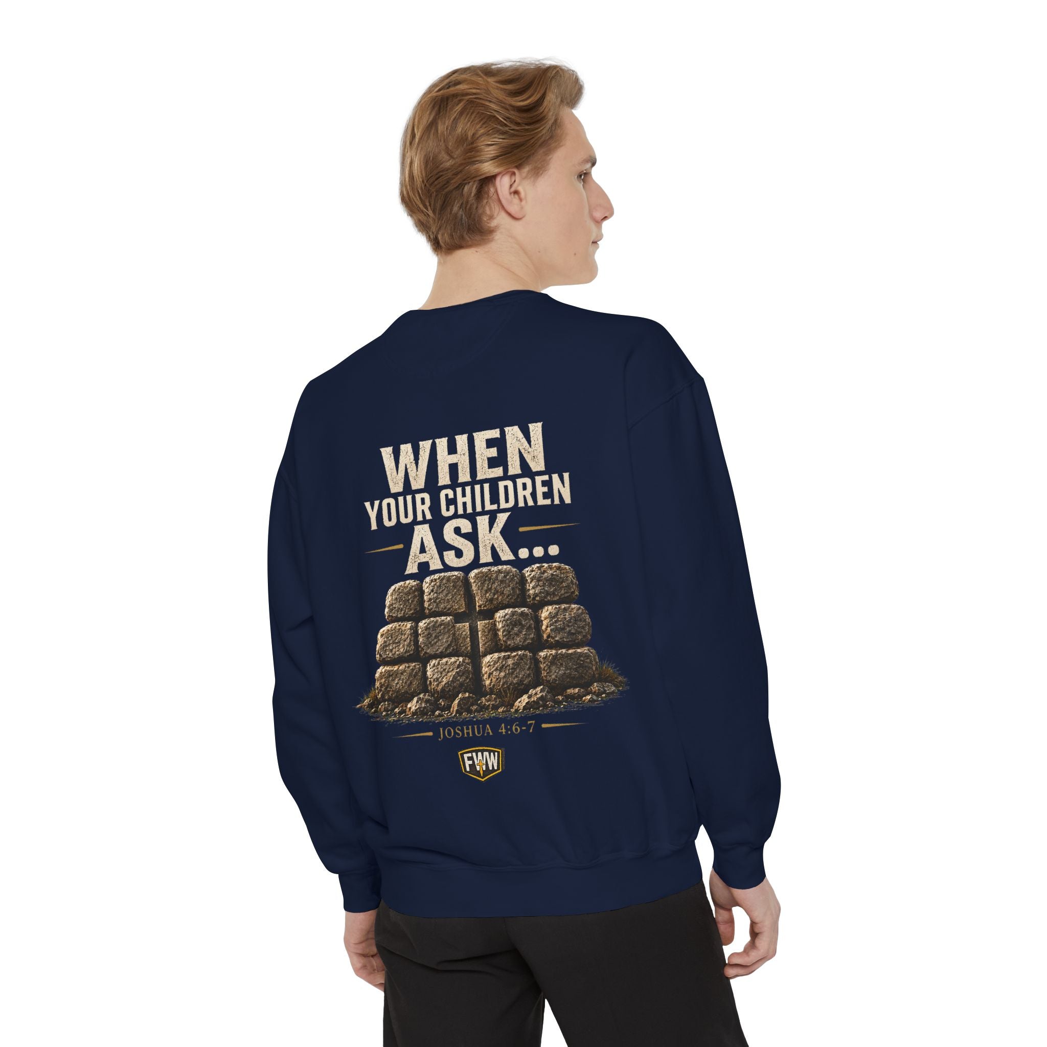 When Your Children Ask | Joshua 4:6–7 Christian Crewneck Sweatshirt | Faith Without Works