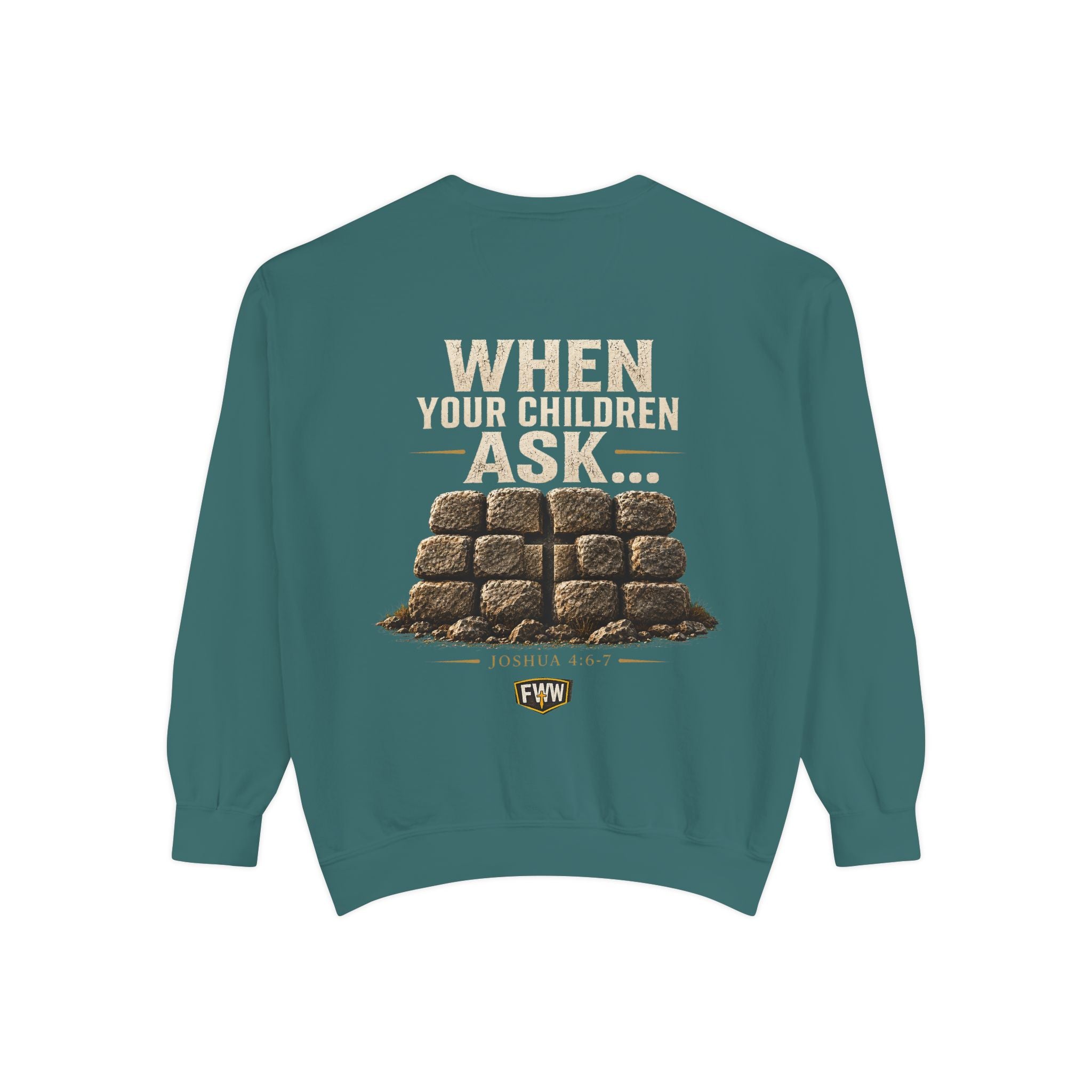 When Your Children Ask | Joshua 4:6–7 Christian Crewneck Sweatshirt | Faith Without Works