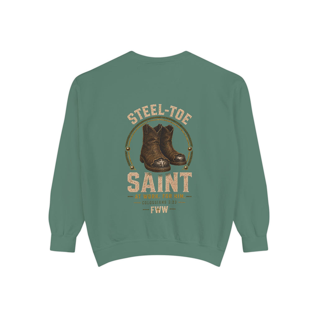 Steel-Toe Saint | Colossians 3:23 Christian Crewneck | Faith Without Works
