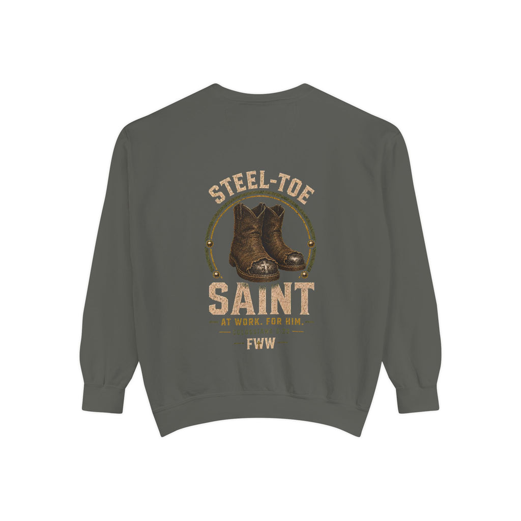 Steel-Toe Saint | Colossians 3:23 Christian Crewneck | Faith Without Works