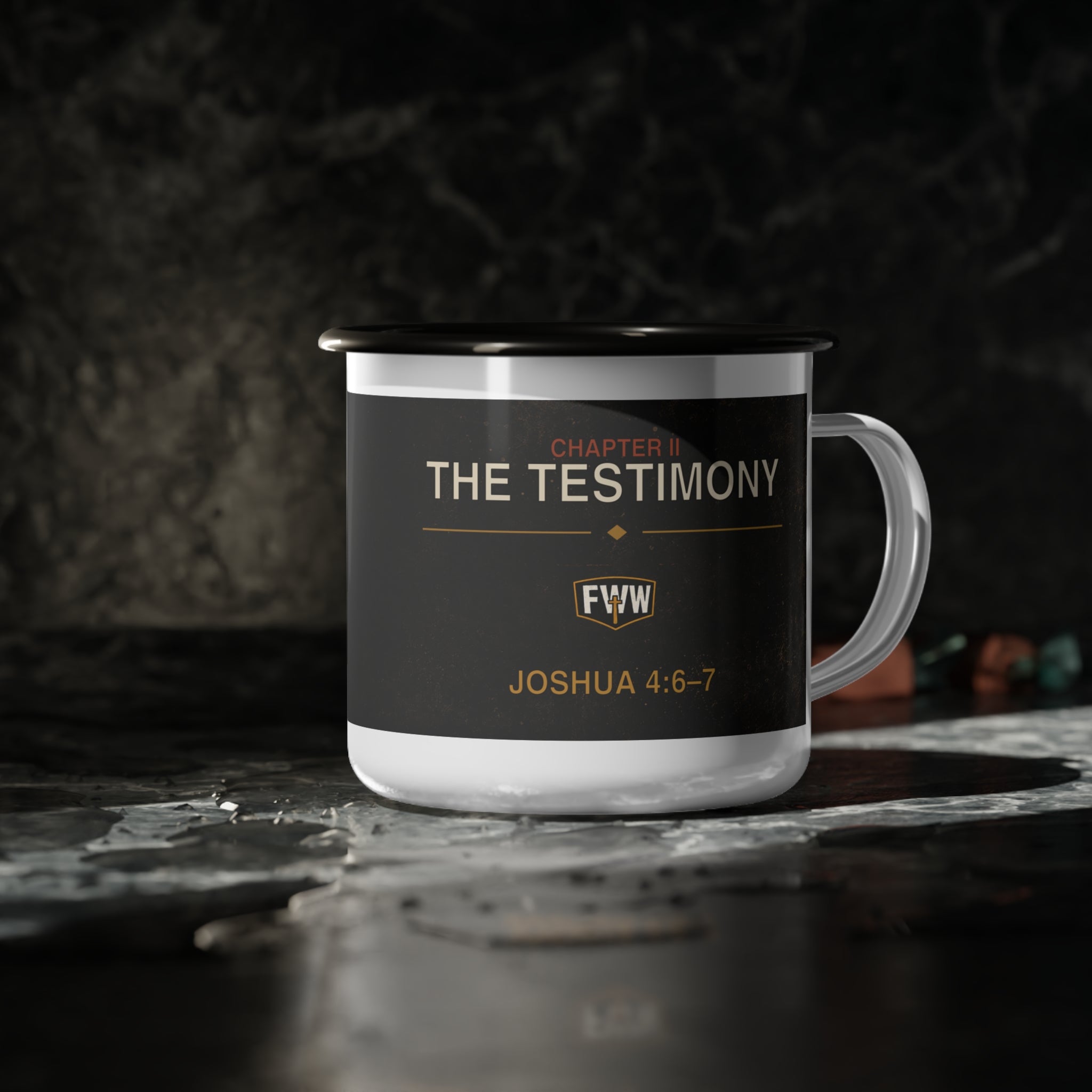 Faith Without Works | Chapter II “The Testimony” Enamel Camp Mug — Joshua 4:6–7