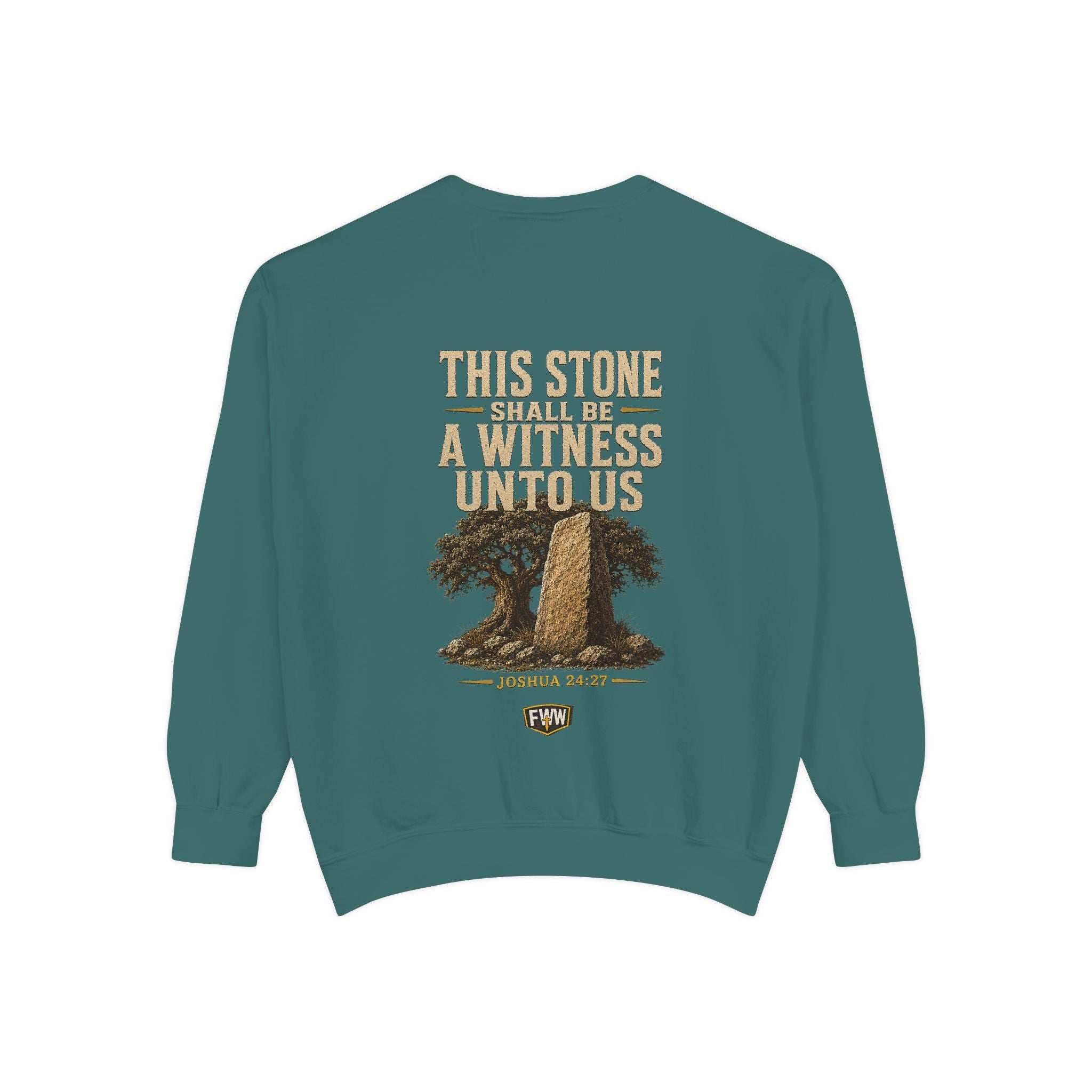 This Stone Shall Be a Witness | Joshua 24:27 Christian Crewneck Sweatshirt | Faith Without Works