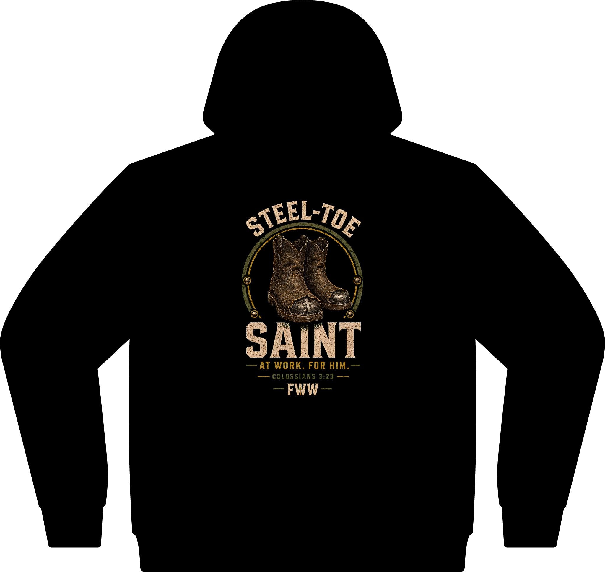 Steel-Toe Saint | Colossians 3:23 Christian Hoodie | Faith Without Works
