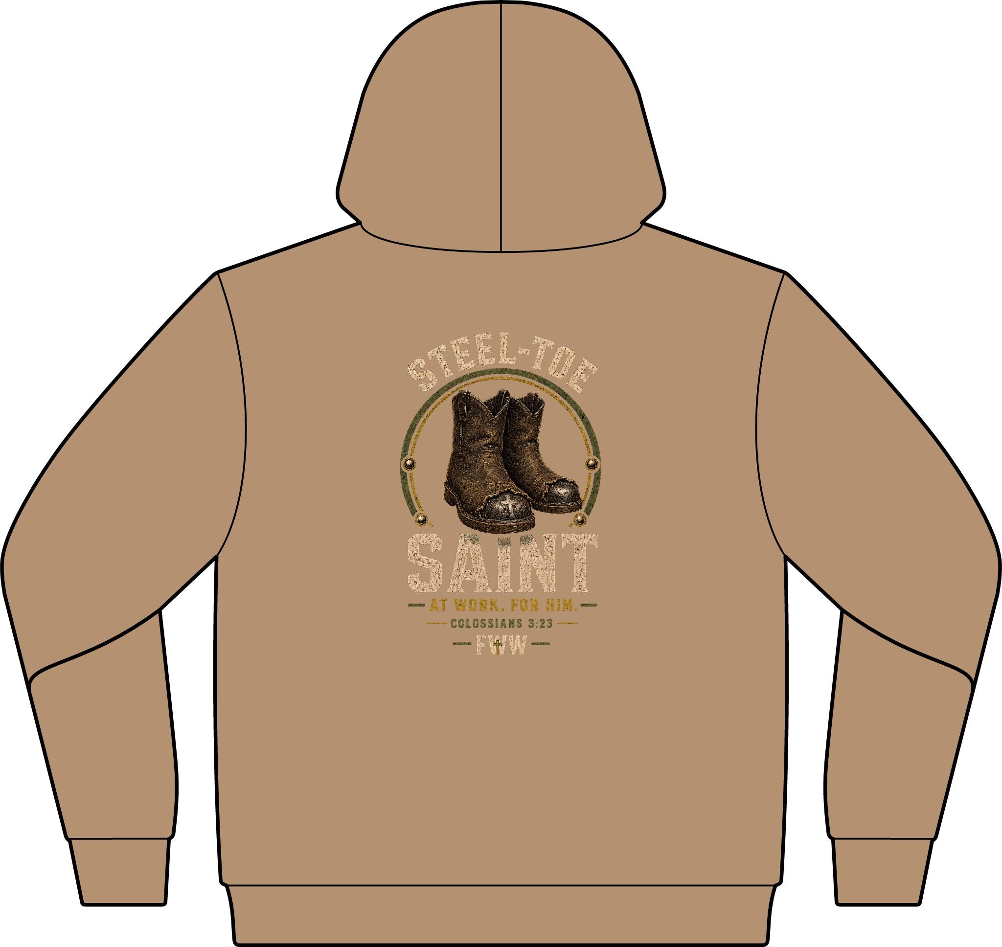 Steel-Toe Saint | Colossians 3:23 Christian Hoodie | Faith Without Works