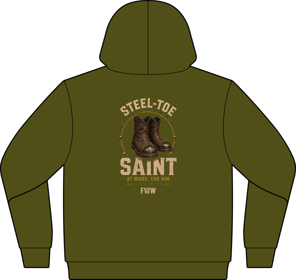 Steel-Toe Saint | Colossians 3:23 Christian Hoodie | Faith Without Works