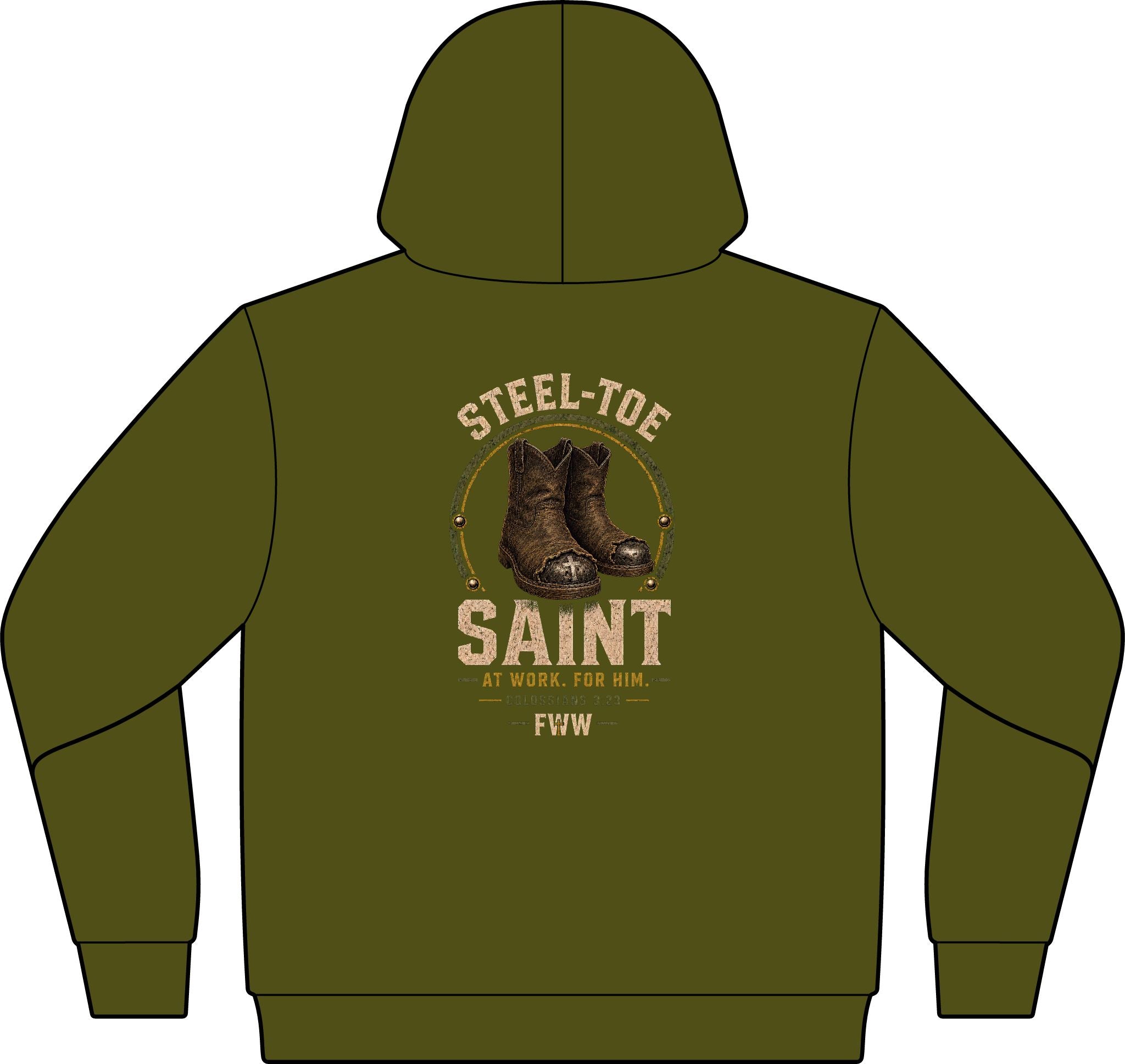 Steel-Toe Saint | Colossians 3:23 Christian Hoodie | Faith Without Works