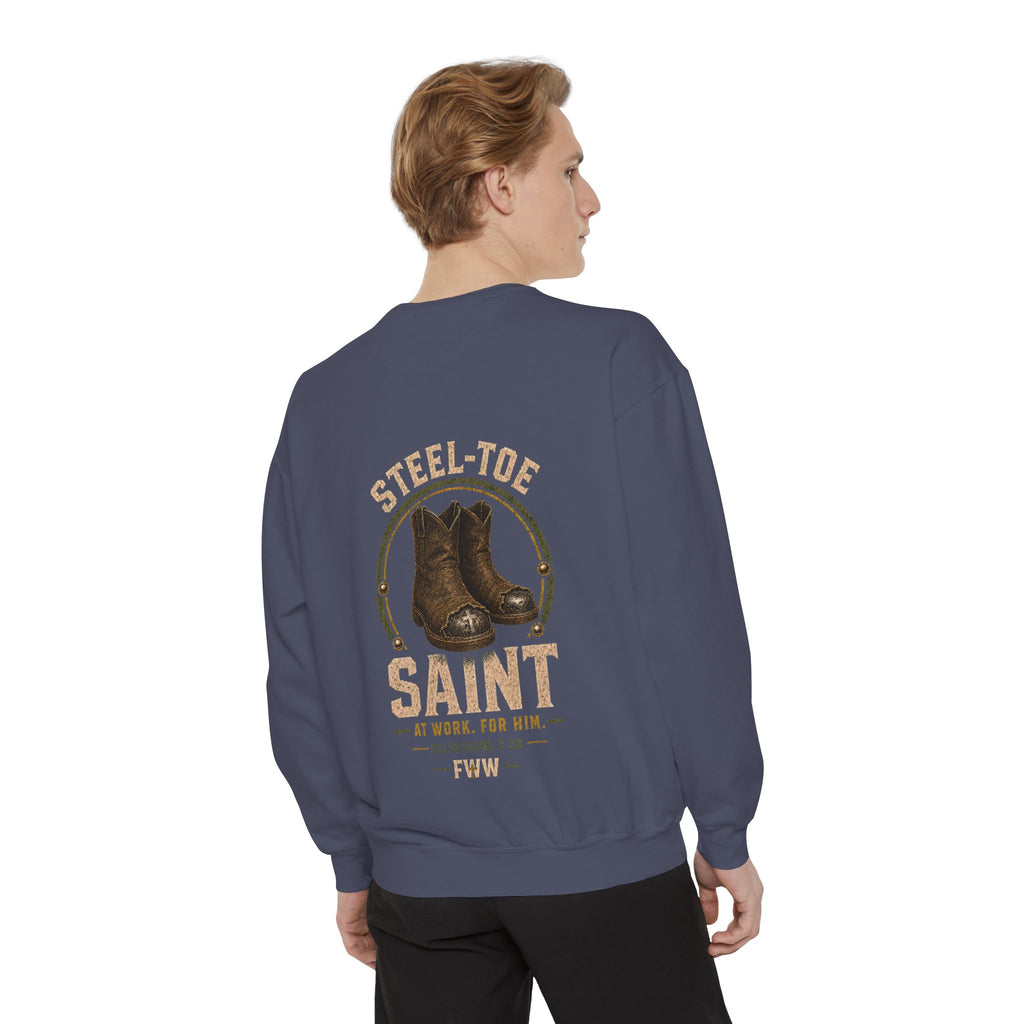 Steel-Toe Saint | Colossians 3:23 Christian Crewneck | Faith Without Works