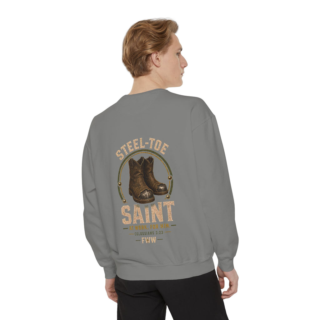 Steel-Toe Saint | Colossians 3:23 Christian Crewneck | Faith Without Works