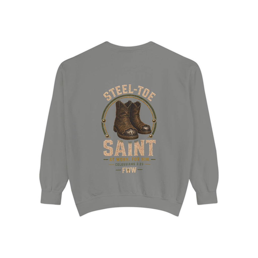 Steel-Toe Saint | Colossians 3:23 Christian Crewneck | Faith Without Works