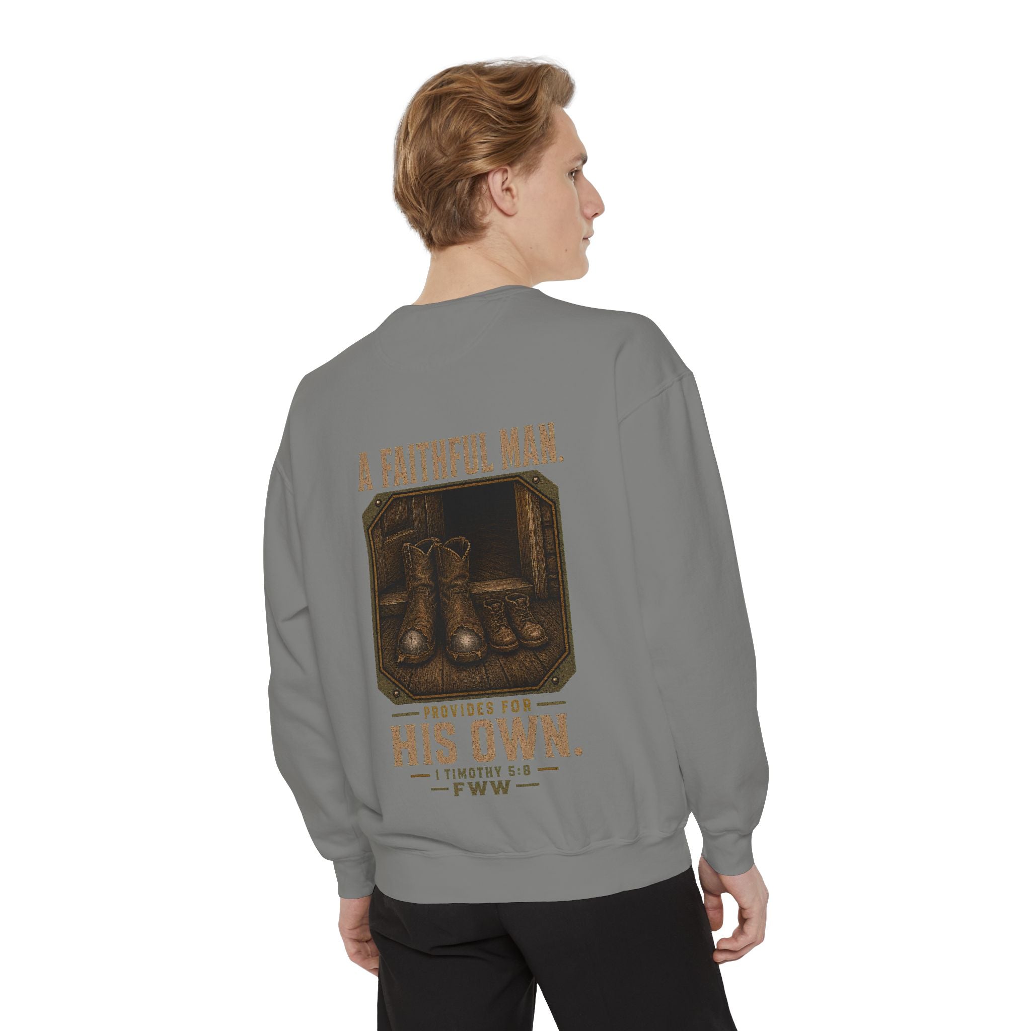For His Own | 1 Timothy 5:8 Christian Crewneck | Faith Without Works